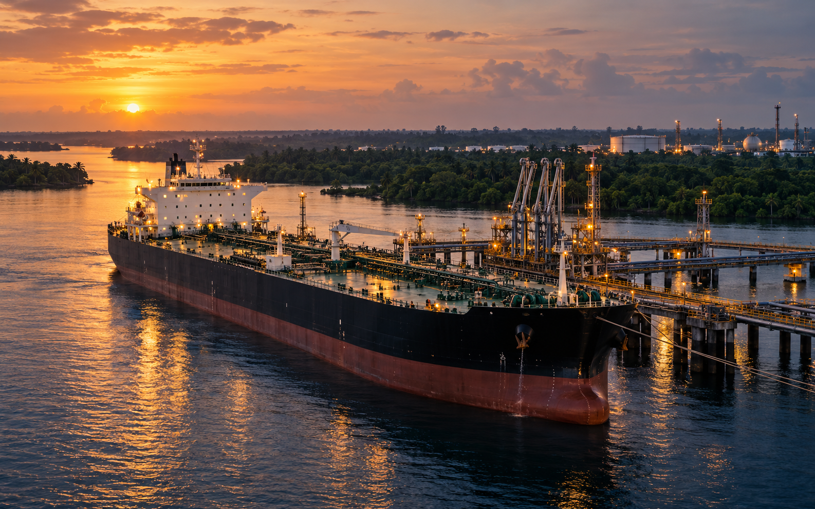 Nigerian crude oil tanker at coastal export terminal
